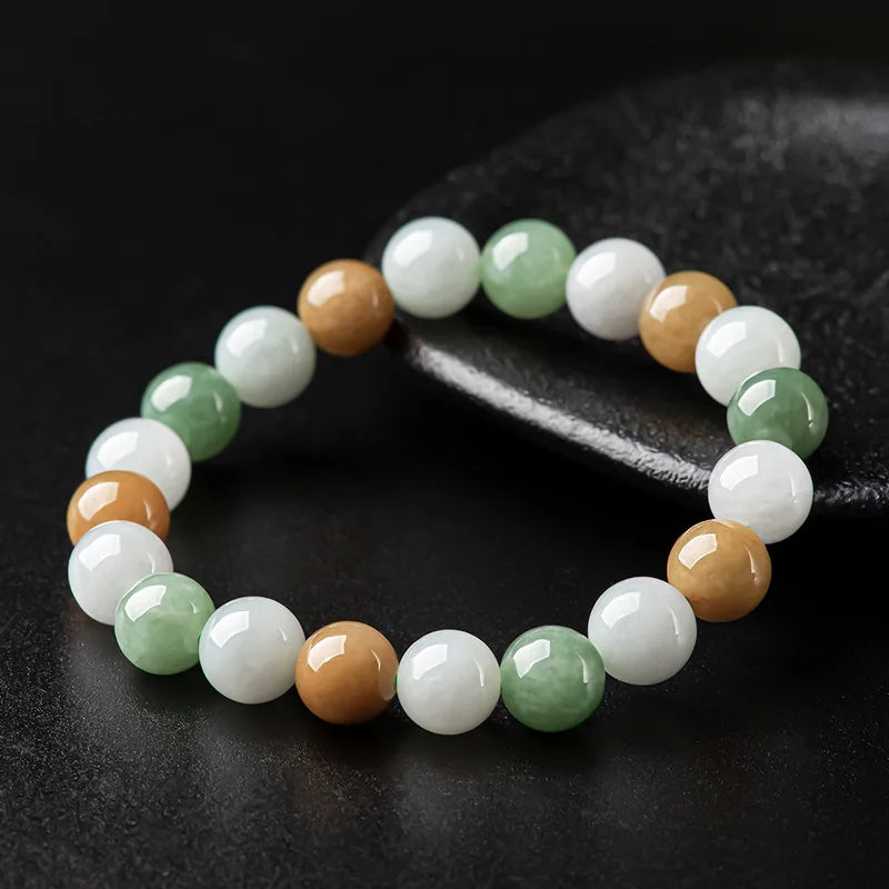 Natural Myanmar Beads Jade10mm Tricolor Bracelet Waxy Jadeite Women's Jewelry