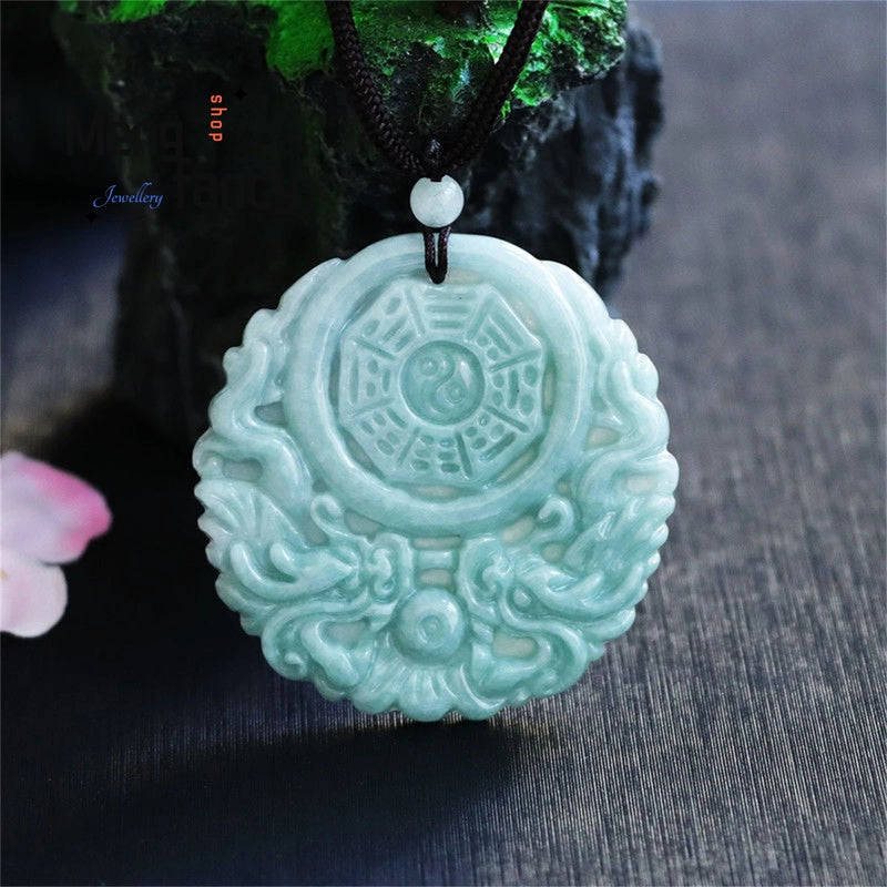 Natural Myanmar Emerald Double Dragon Eight Diagrams Pendant