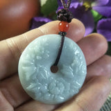 Myanmar Jadeite Peony Flower Jade Pendant Lucky Safety Amulet