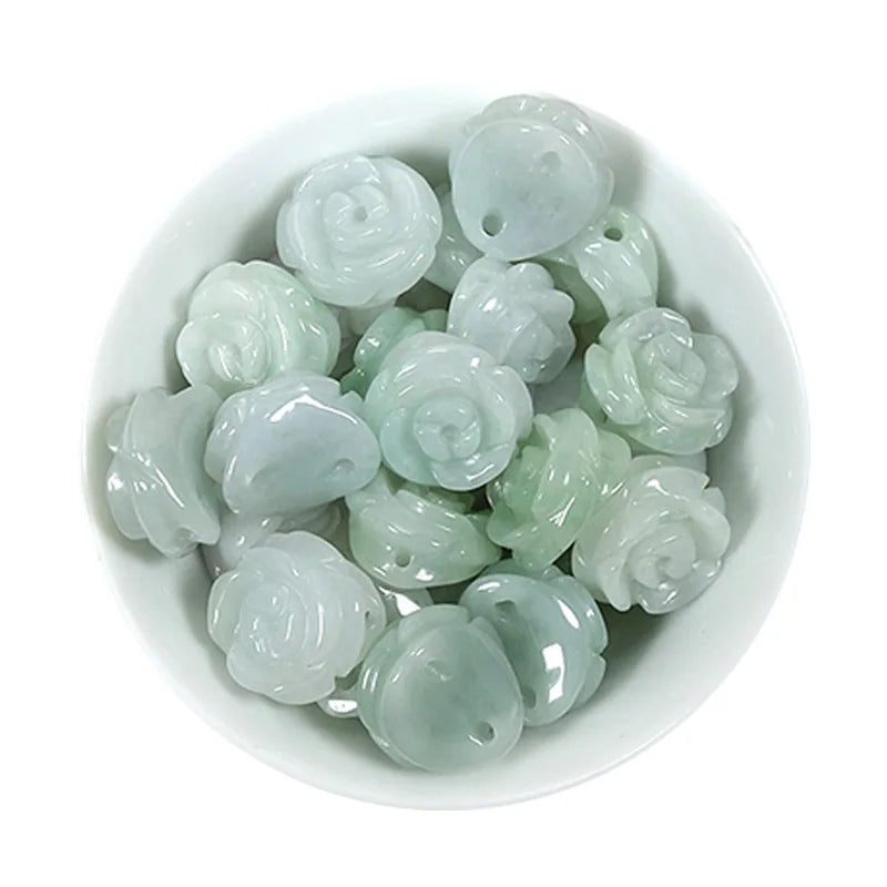 100% Real Jadeite Rose Flower DIY Bracelet Ring Jade Accessories Beads