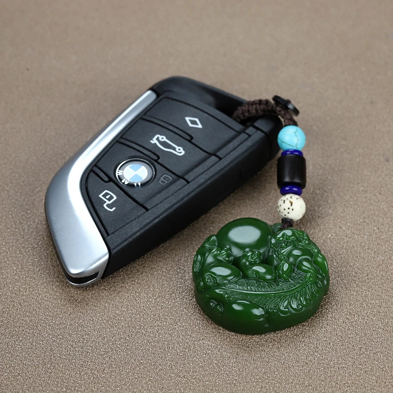 Natural Nephrite Brave Troops Car Keychain Green Beads Key Chain