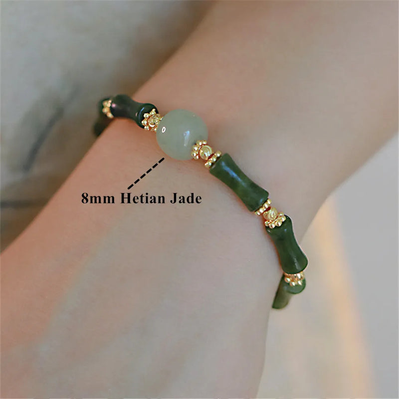 Olive Jade Bamboo Beads Bracelet Adjustable Hetian Jade Jewelry