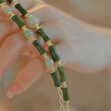 Olive Jade Bamboo Shaped Beads Adjustable Bracelet