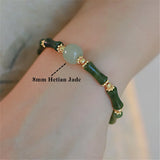 Olive Jade Bamboo Shaped Beads Adjustable Bracelet