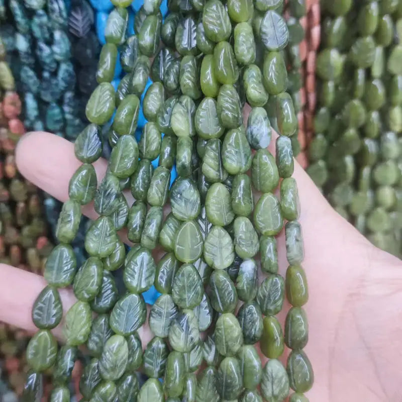 Natural Olives Jades Stone Spacer Loose Beads 8x11mm Carve Leaves Shape