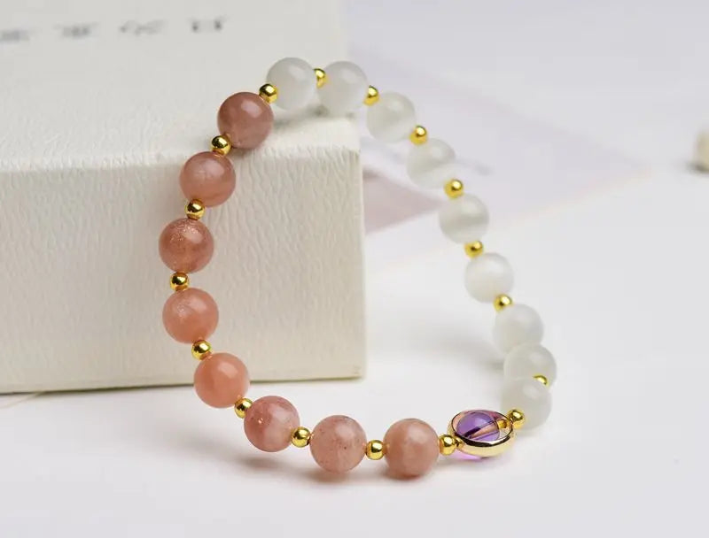 Orange Moonlight Opal Beaded Bracelet for Women 8 mm Charm DIY Gift