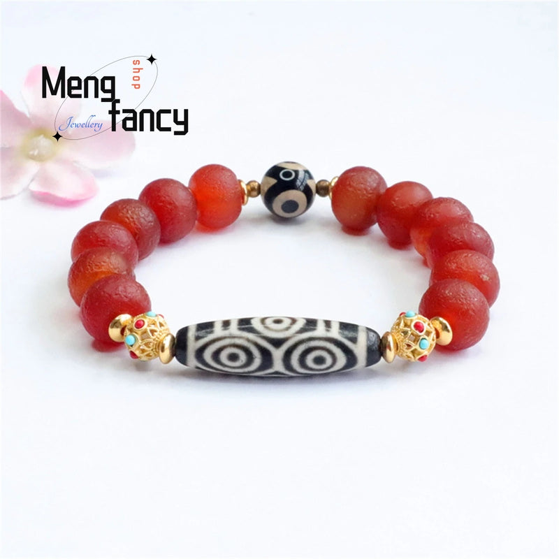 Orange Peel Red Agate Chalcedony Beads Bracelet Retro Charm Jewelry