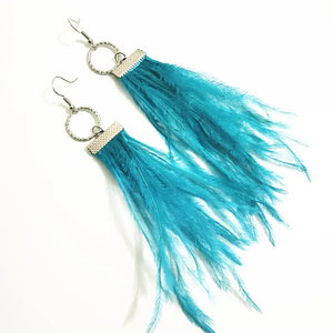 Ostrich Feather Tassel Earrings Circle Pendant Dangle Earring