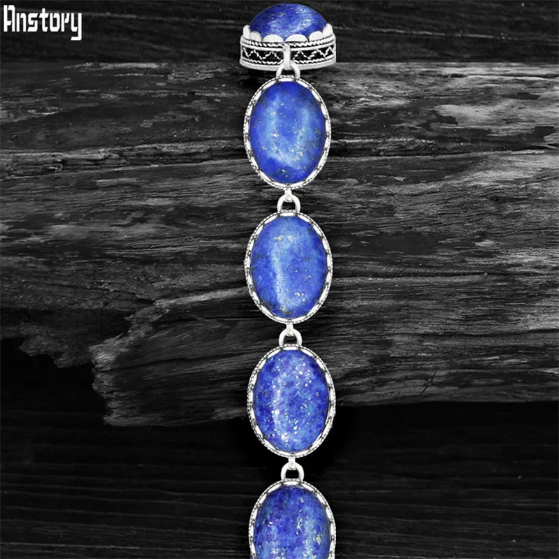 Vintage Silver Plated Lapis Lazuli Bracelet with Flower Pendant