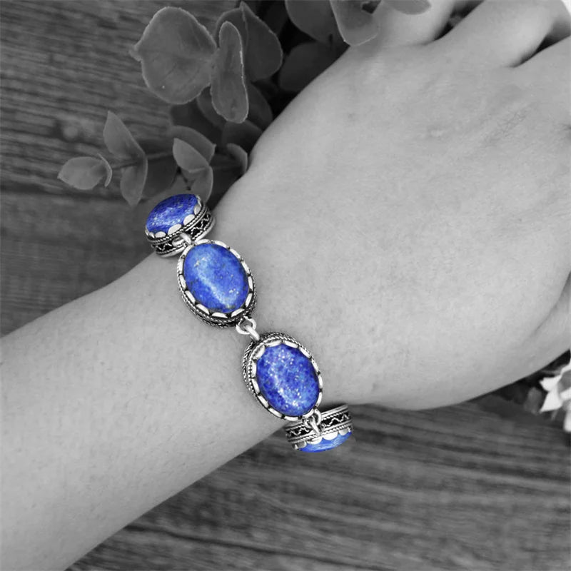Vintage Silver Plated Lapis Lazuli Bracelet with Flower Pendant