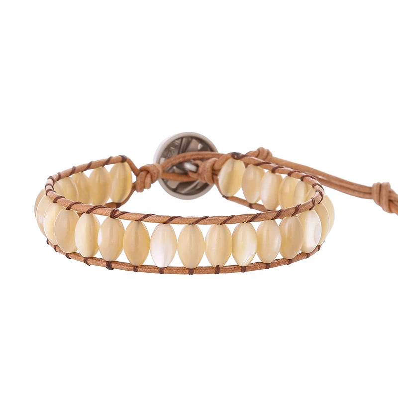 Natural Oval Shell Beads Wrap Bracelet Stainless Steel Clasp Flower Women Gift