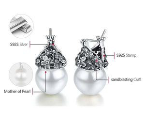 Flower Pearl Drop Earrings 925 Silver for Women