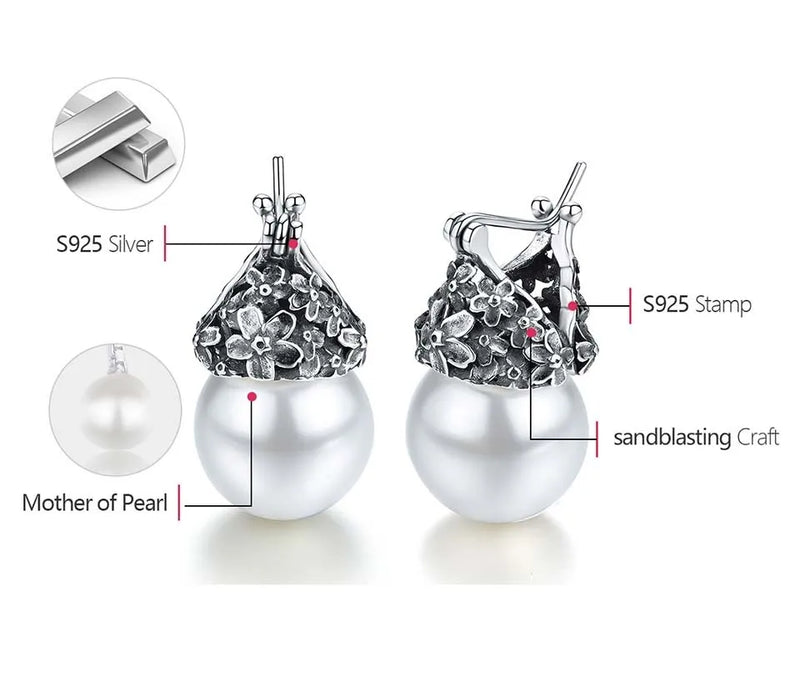 Flower Pearl Drop Earrings 925 Silver for Women