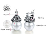 Flower Pearl Drop Earrings 925 Silver for Women