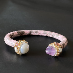Pearl Amethyst Rhinestone Leather Bracelet Women's Charm Jewelry