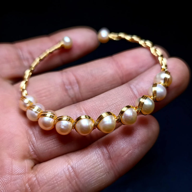 Natural Pearl Bracelet 14k Filled Open Bangle Jewelry for Girlfriend