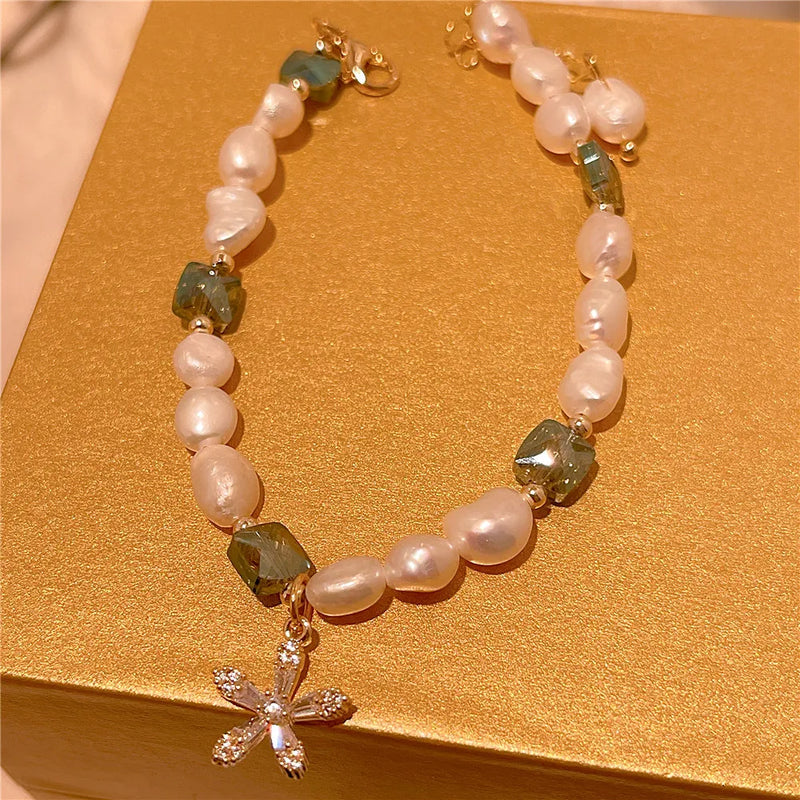Natural Pearl Bracelet with Flower Pendant Hand Chain Bangle