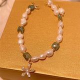 Natural Pearl Bracelet with Flower Pendant Hand Chain Bangle