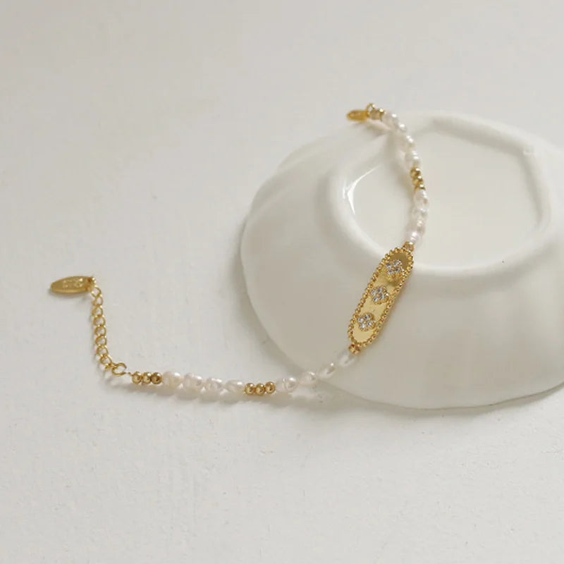 Natural Pearl Brass Plated Zircon Inlaid Bracelet French Style Jewelry