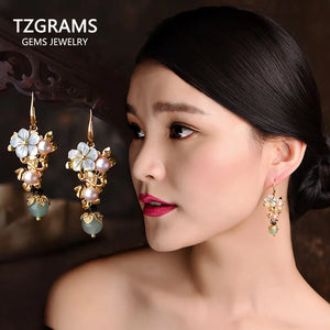Natural Pearl Chinese Ethnic Shell Flower Earrings For Women