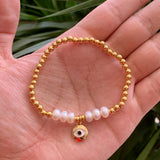 Baroque Pearl Evil Eye Bracelet Stainless Steel Beads Weave Bangle
