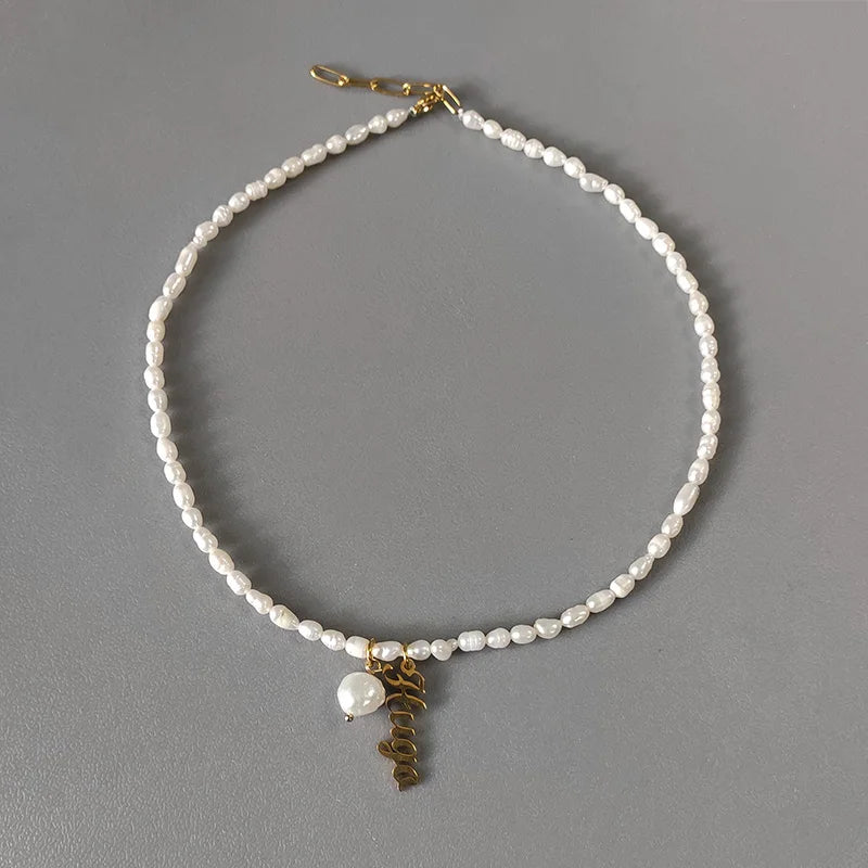 Natural Pearl Name Pendant Short Necklace Stainless Steel Chain 