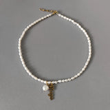 Natural Pearl Name Pendant Short Necklace Stainless Steel Chain 