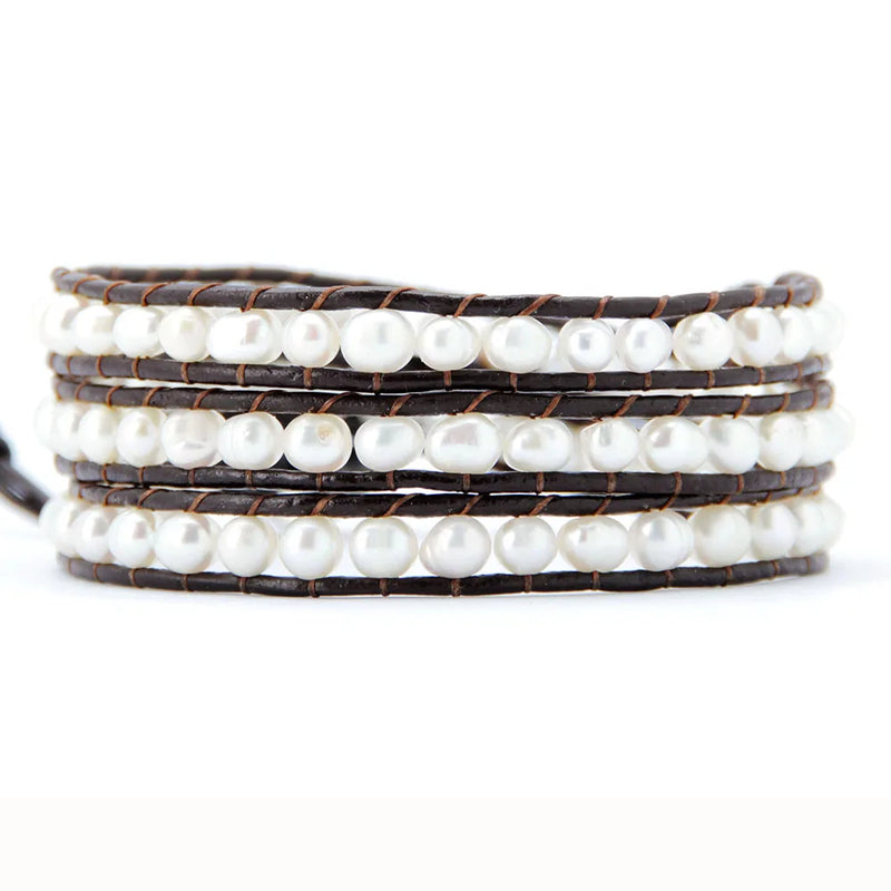 Freshwater Pearl 3X Leather Wrap Bracelet Pearl Bracelet
