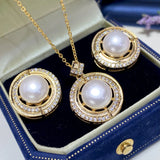 Natural Pearl Jewelry Set 10mm Freshwater Pearl Necklace Earrings Ring Pendant