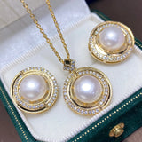 Natural Pearl Jewelry Set 10mm Freshwater Pearl Necklace Earrings Ring Pendant