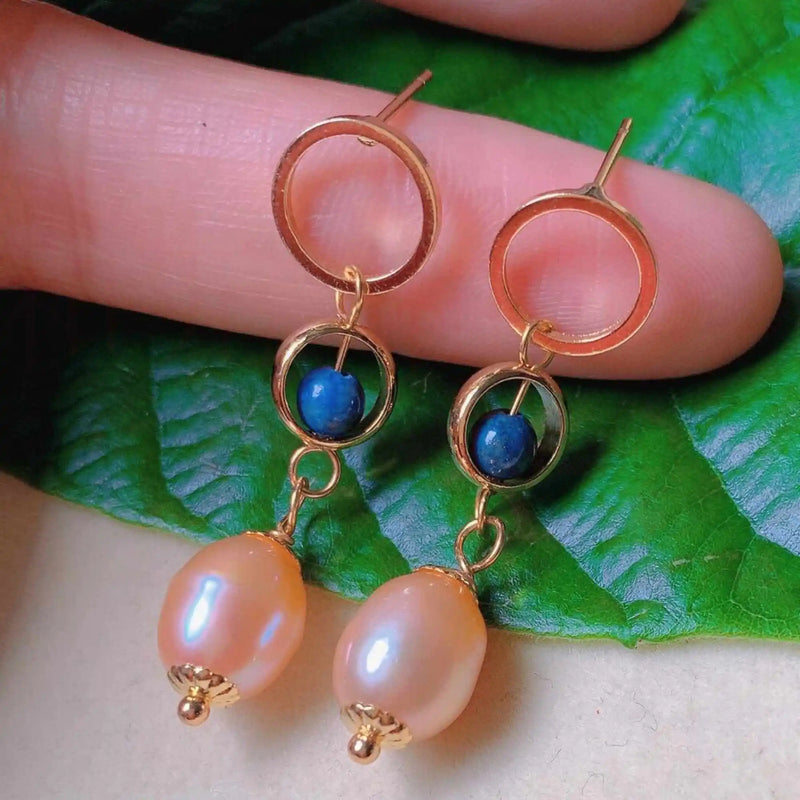 Natural Pearl Lapis Lazuli Eardrop 18k Earrings Gift
