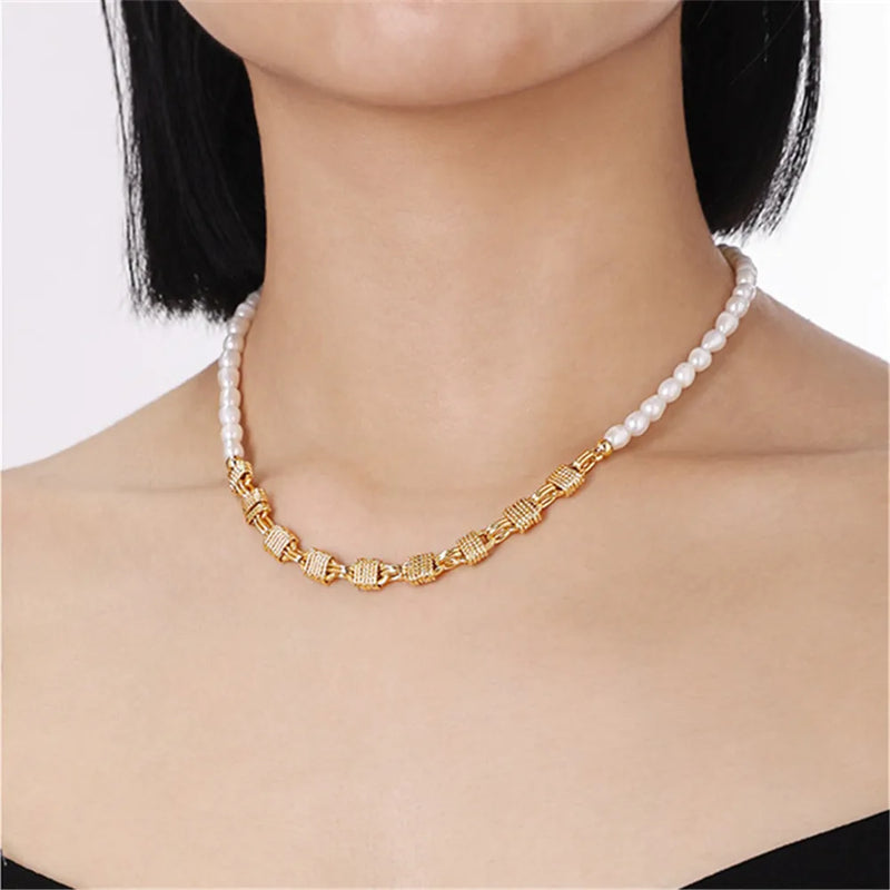 Pearl Necklace Brass Plated Chain Vintage Women Jewelry