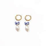 Chinese Style Natural Pearl Pendant Earrings with Ceramic Beads