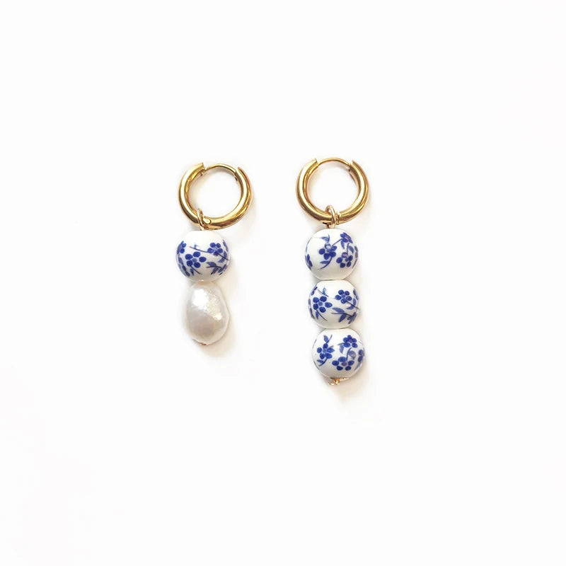 Chinese Style Natural Pearl Pendant Earrings with Ceramic Beads