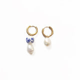 Chinese Style Natural Pearl Pendant Earrings with Ceramic Beads
