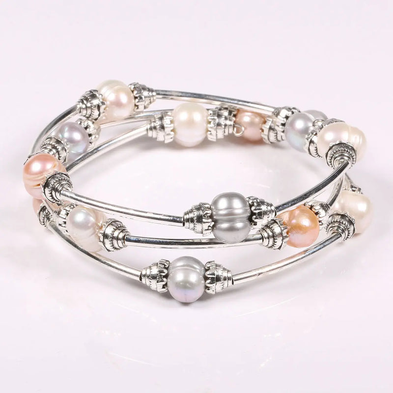 Natural Pearl Round Zinc Alloy Tori Three Ring Bead Bracelet