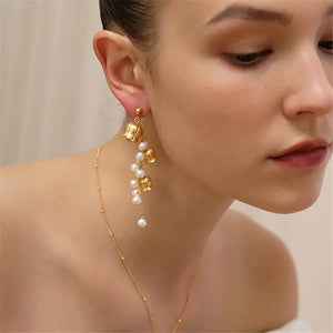Pearl Tassel Asymmetric Earrings French Romantic Bell Flower Charm Jewelry