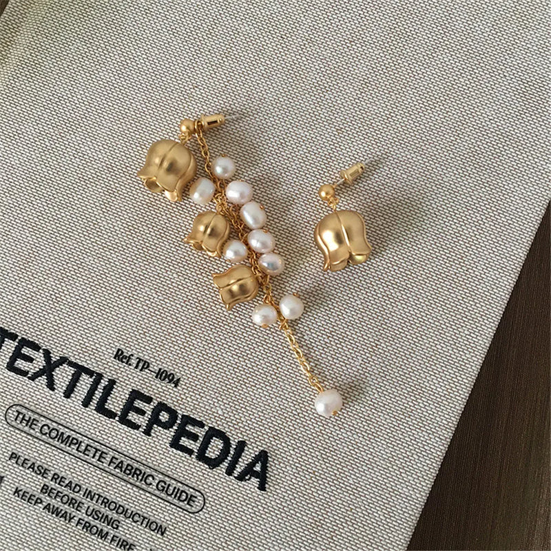 Natural Pearl Tassel Asymmetric Earrings Romantic Bell Flower Charm