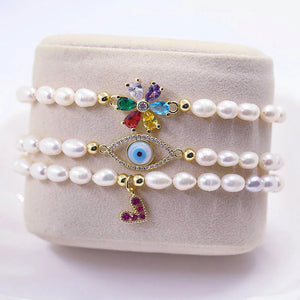 Pearl Evil Eye Bracelet Heart/Hand/Flower Weave Freshwater Pearl Charm Bangle