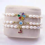 Pearl Evil Eye Bracelet Heart/Hand/Flower Weave Freshwater Pearl Charm Bangle