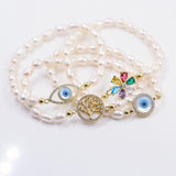 Pearl Evil Eye Bracelet Heart/Hand/Flower Weave Freshwater Pearl Charm Bangle