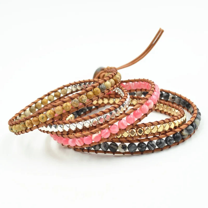 Map Stone Wrap Bracelet Stainless Steel Copper Beads Boho Jewelry