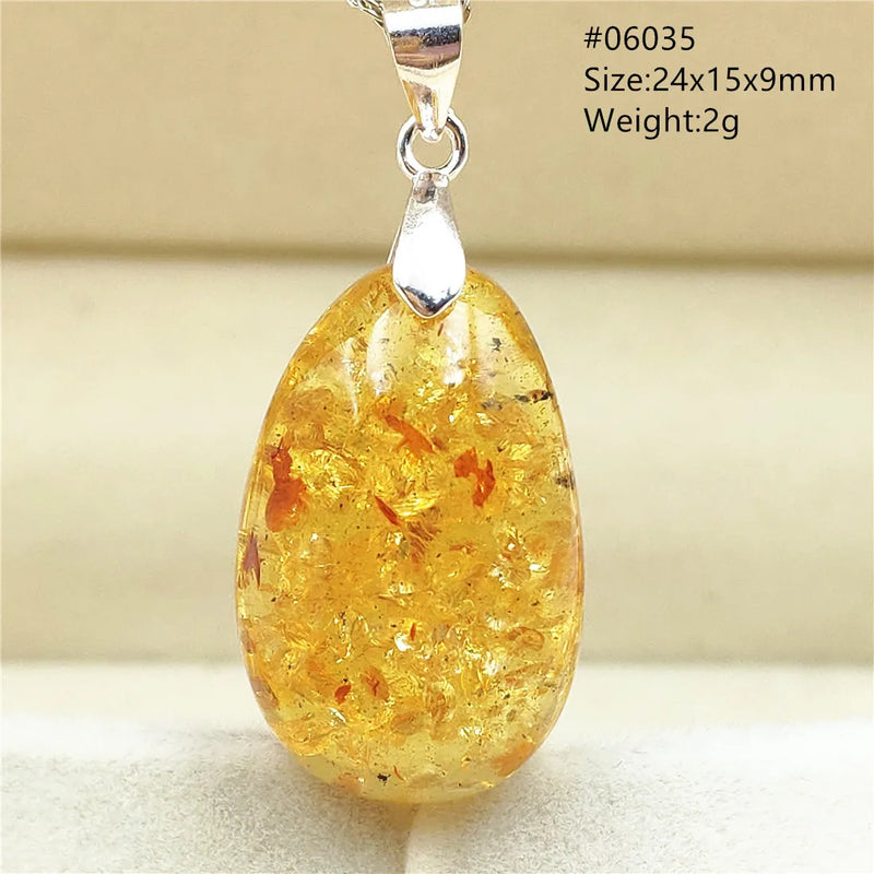 Piebald Yellow Amber Water Drop Pendant Necklace