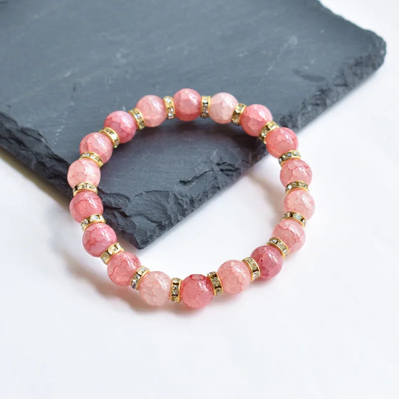 Pink Agate Hand Carved 8mm Round Bead Bracelet