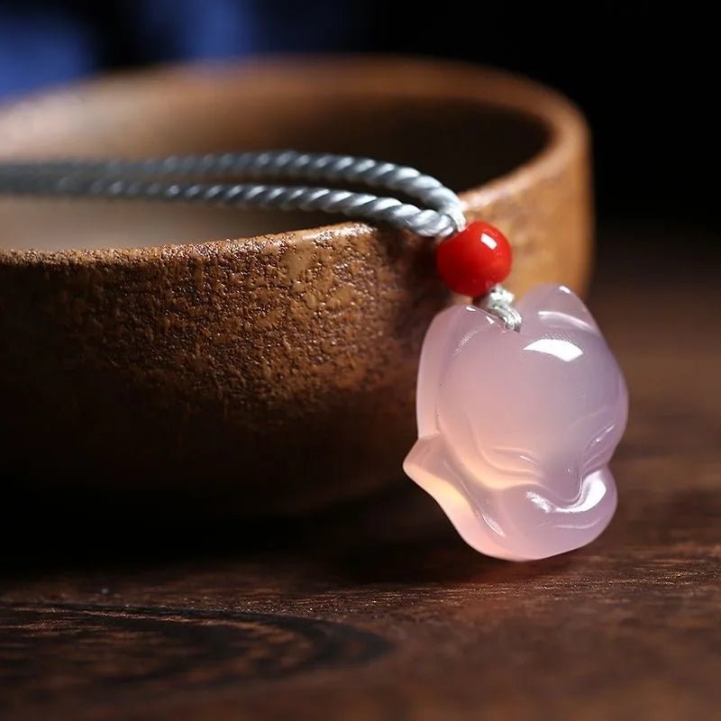 Pink Chalcedony Agate Fox Pendant Necklace Charm