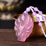 Pink Chalcedony Fox Head Pendant 925 Silver Necklace