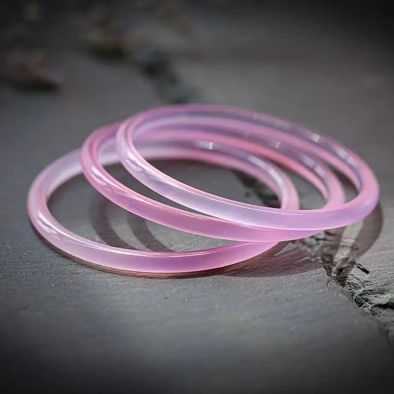 Natural Pink Chalcedony Hand-carved Thin Round Bracelet