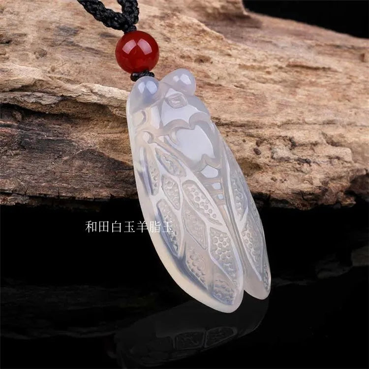 Pink Chalcedony Jade Cicada Pendant Agate Necklace Charm