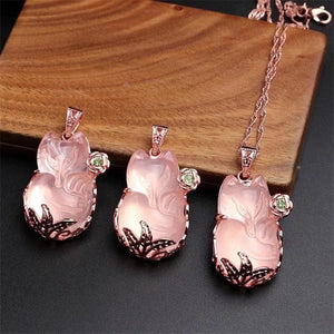Pink Crystal Fox Pendant Necklace for Women