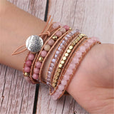 Pink Crystal & Rhodochrosite 5-circle Wrap Bracelet Women Summer Jewelry